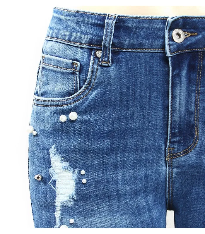 Ripped Jeans With Beads Women`s Plus Size Stretchy Torn Denim