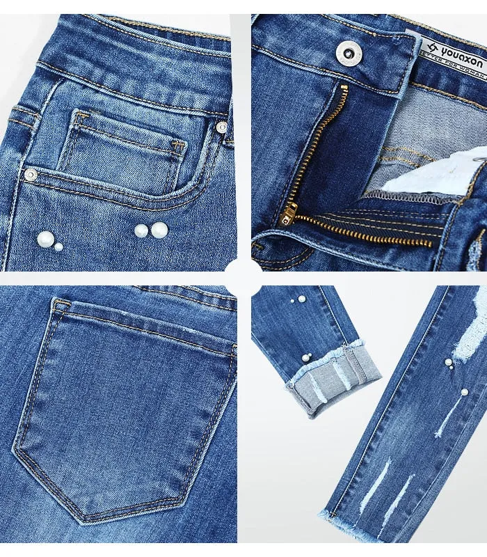 Ripped Jeans With Beads Women`s Plus Size Stretchy Torn Denim