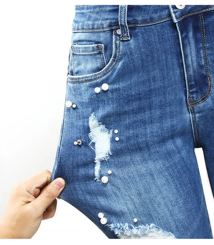 Ripped Jeans With Beads Women`s Plus Size Stretchy Torn Denim