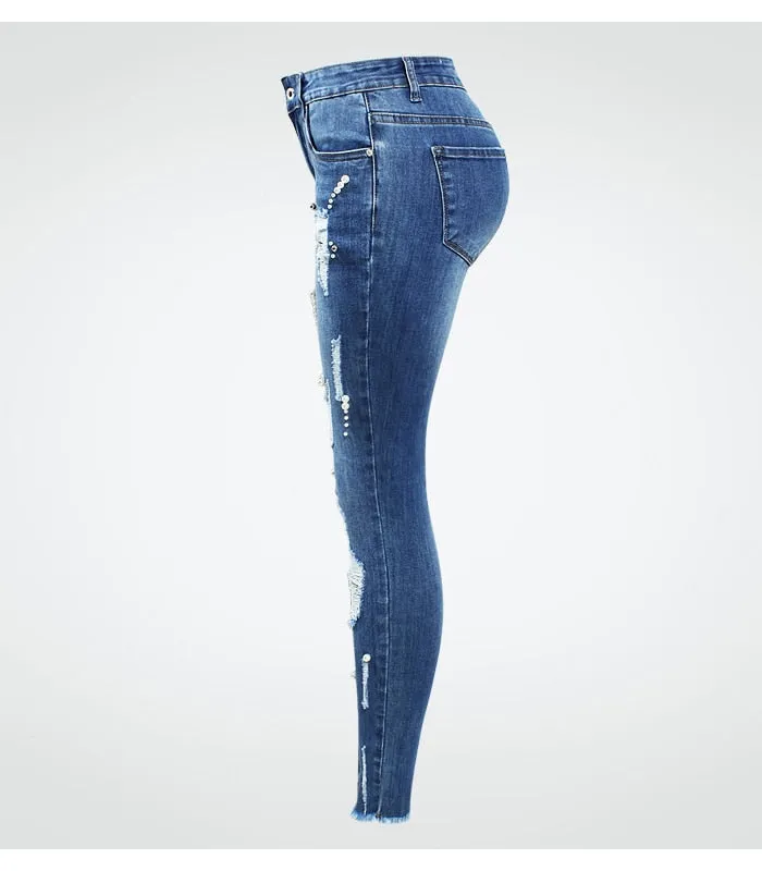 Ripped Jeans With Beads Women`s Plus Size Stretchy Torn Denim