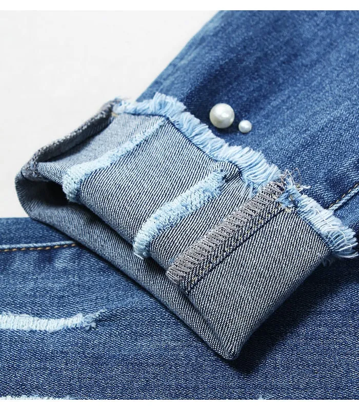 Ripped Jeans With Beads Women`s Plus Size Stretchy Torn Denim