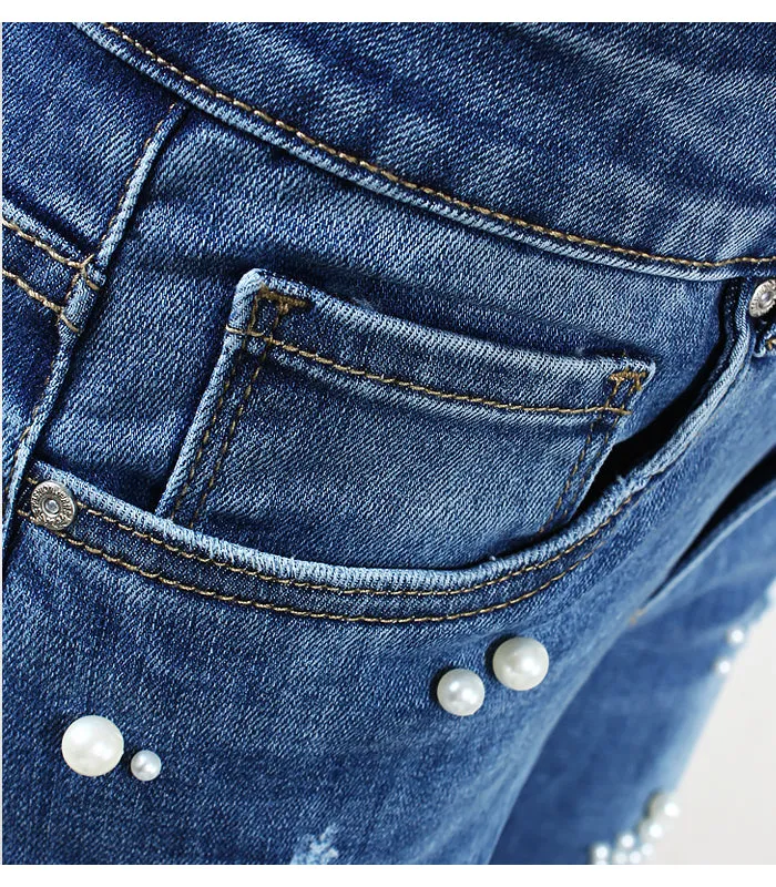Ripped Jeans With Beads Women`s Plus Size Stretchy Torn Denim