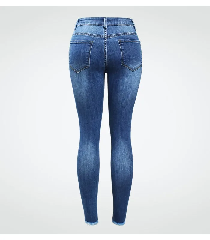 Ripped Jeans With Beads Women`s Plus Size Stretchy Torn Denim
