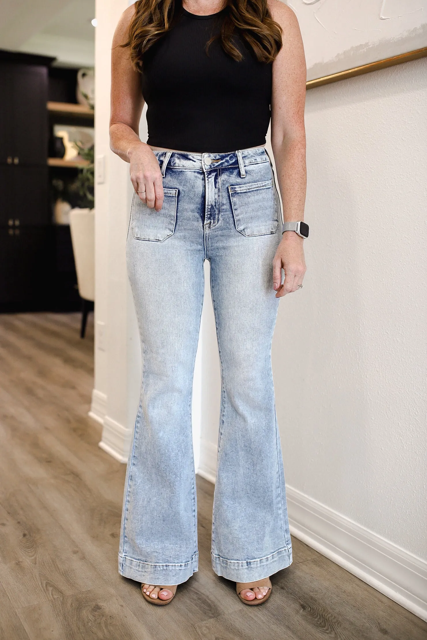 Risen Full Size High Rise Front Patch Pocket Flare Jeans