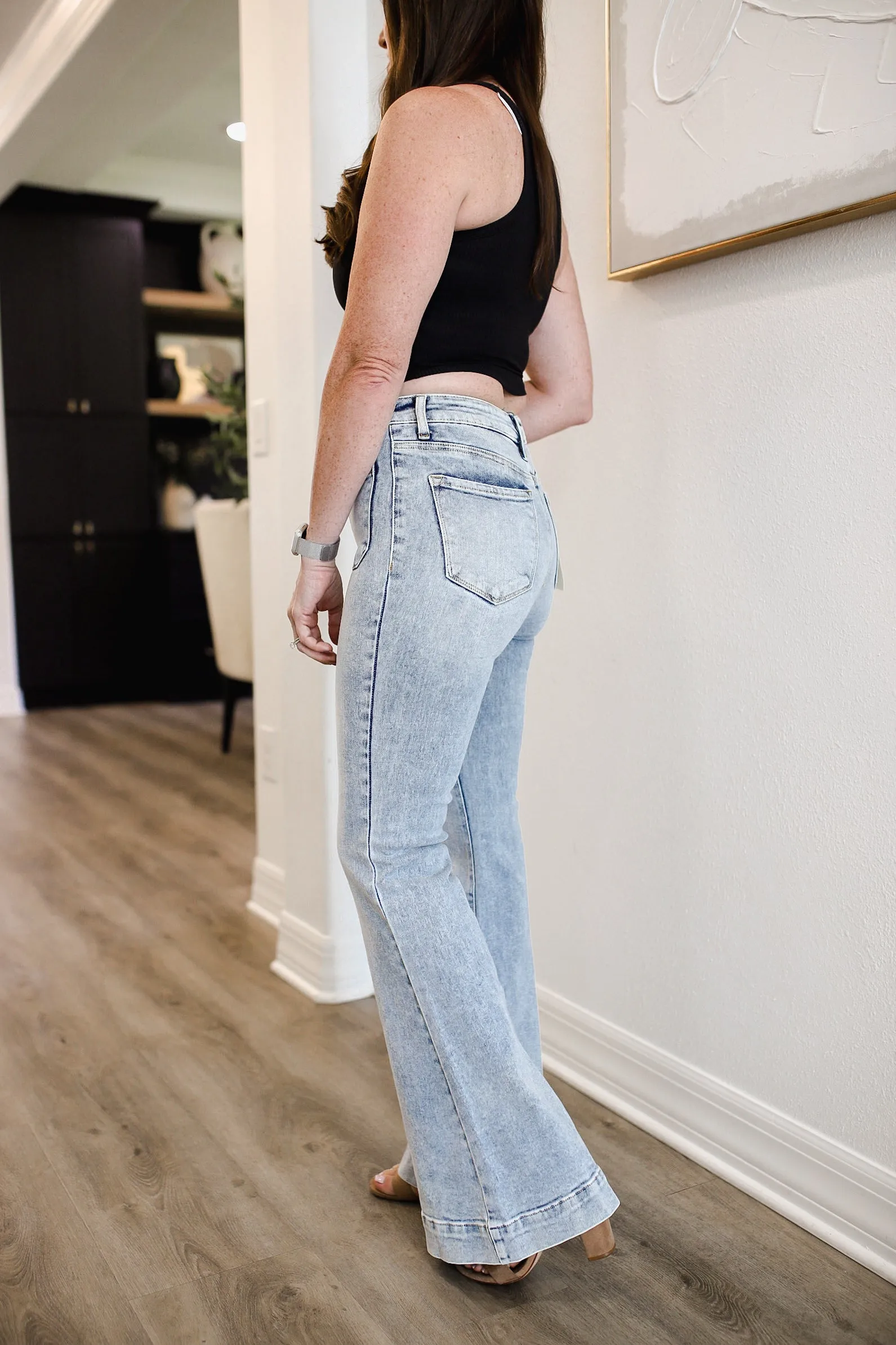 Risen Full Size High Rise Front Patch Pocket Flare Jeans