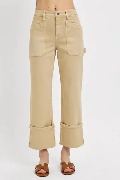 RISEN Full Size High Rise Wide Straight Cuffed Patch Jeans Plus Size Available