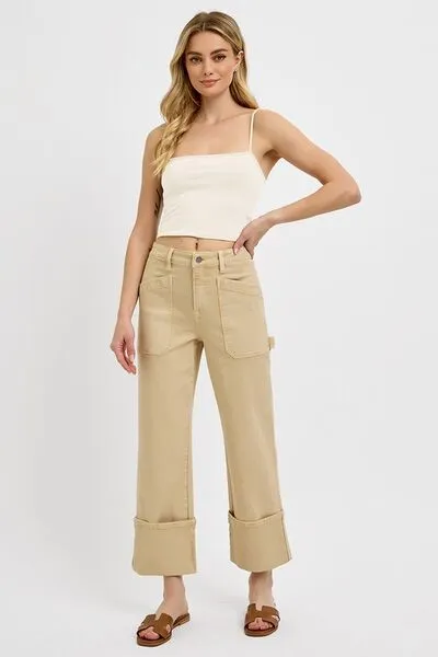RISEN Full Size High Rise Wide Straight Cuffed Patch Jeans Plus Size Available