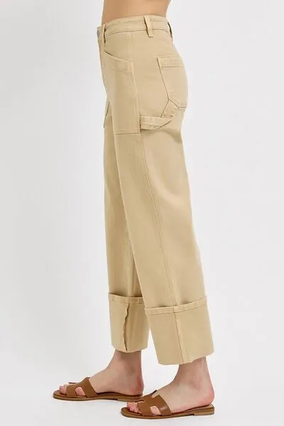 RISEN Full Size High Rise Wide Straight Cuffed Patch Jeans Plus Size Available