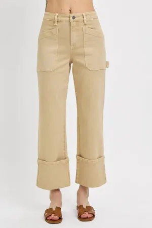 RISEN Full Size High Rise Wide Straight Cuffed Patch Jeans Plus Size Available
