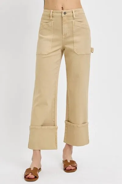 RISEN Full Size High Rise Wide Straight Cuffed Patch Jeans Plus Size Available