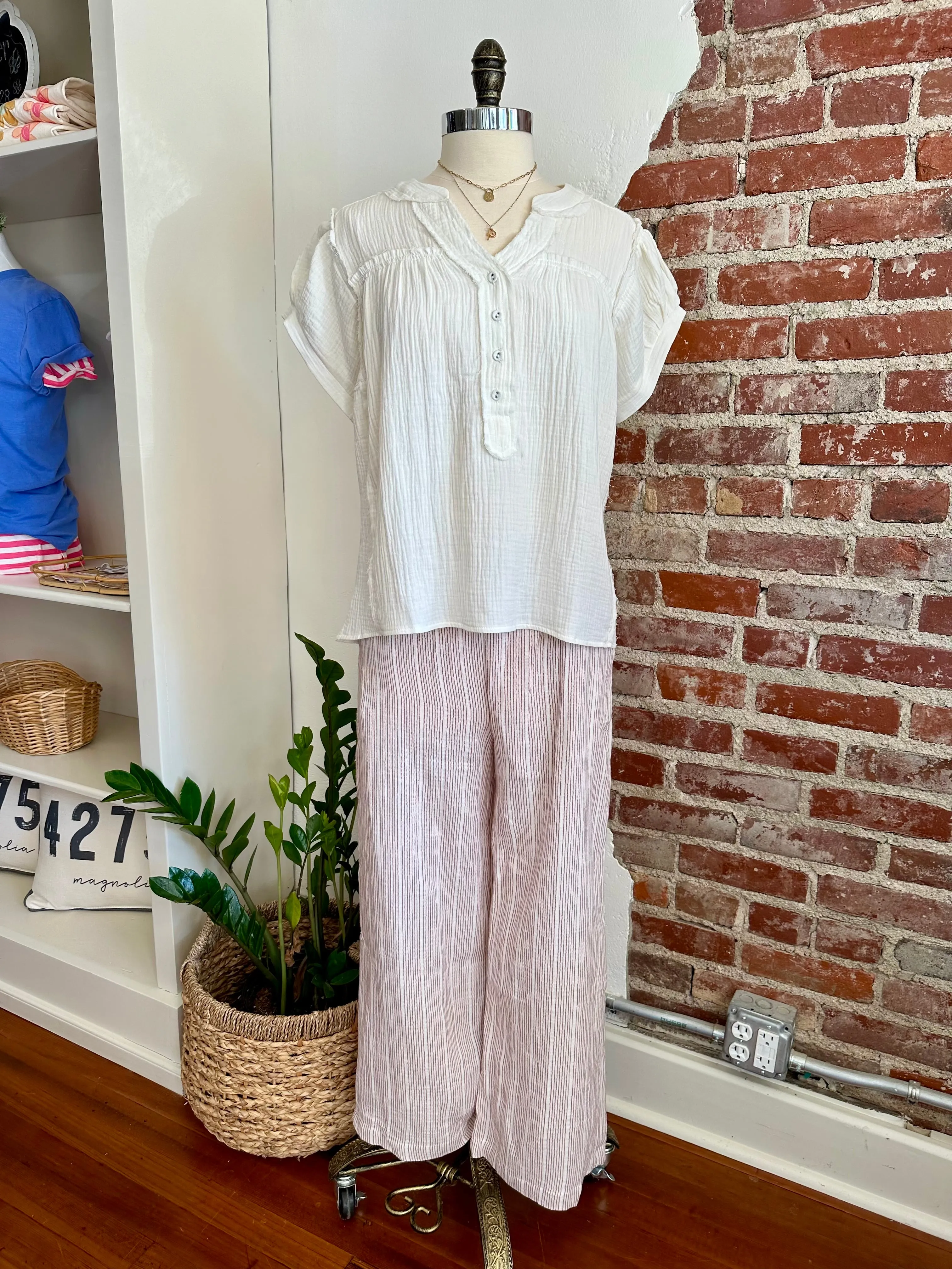 River Pinstriped Gauze Wide Leg - Rust