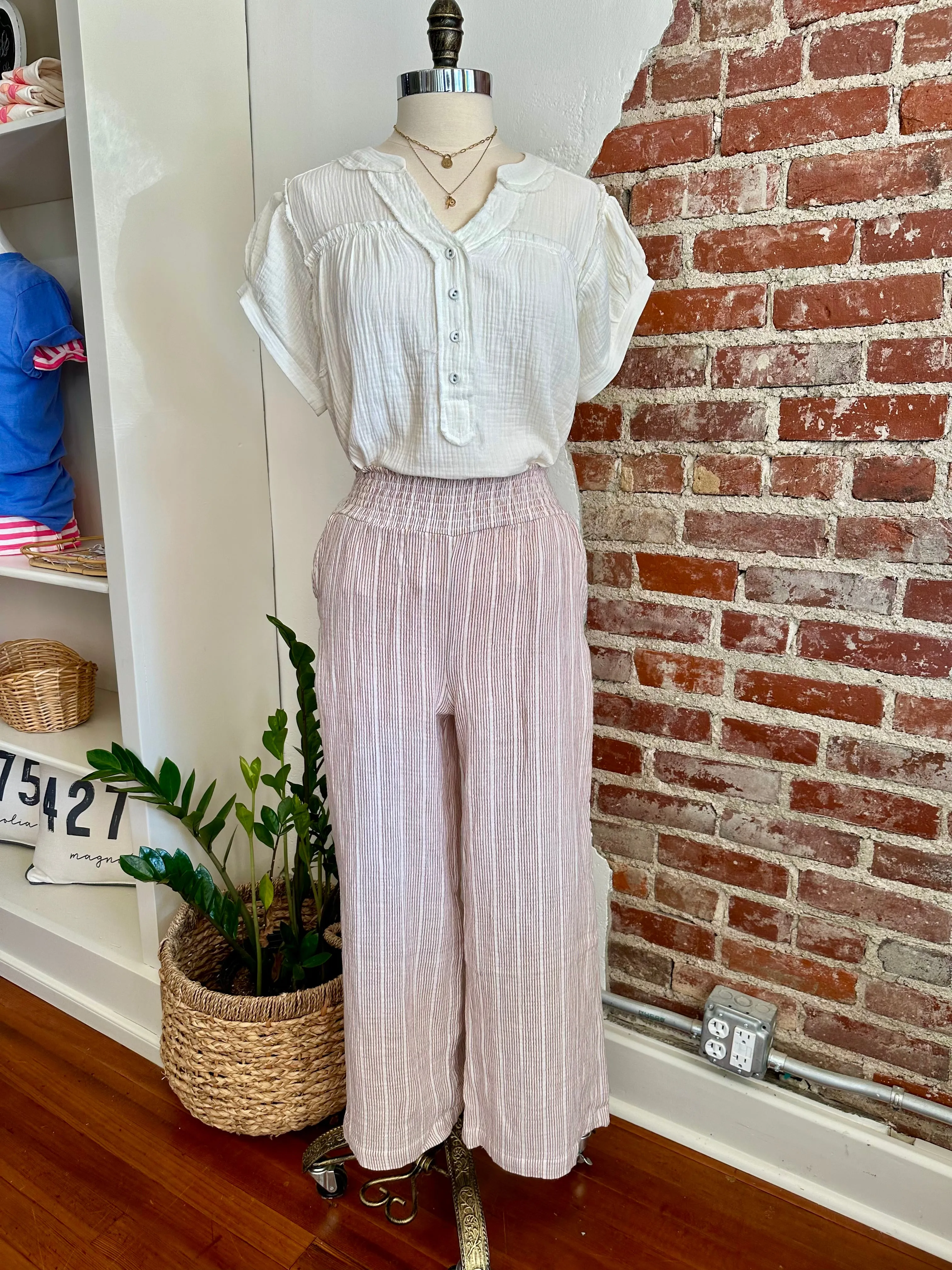 River Pinstriped Gauze Wide Leg - Rust