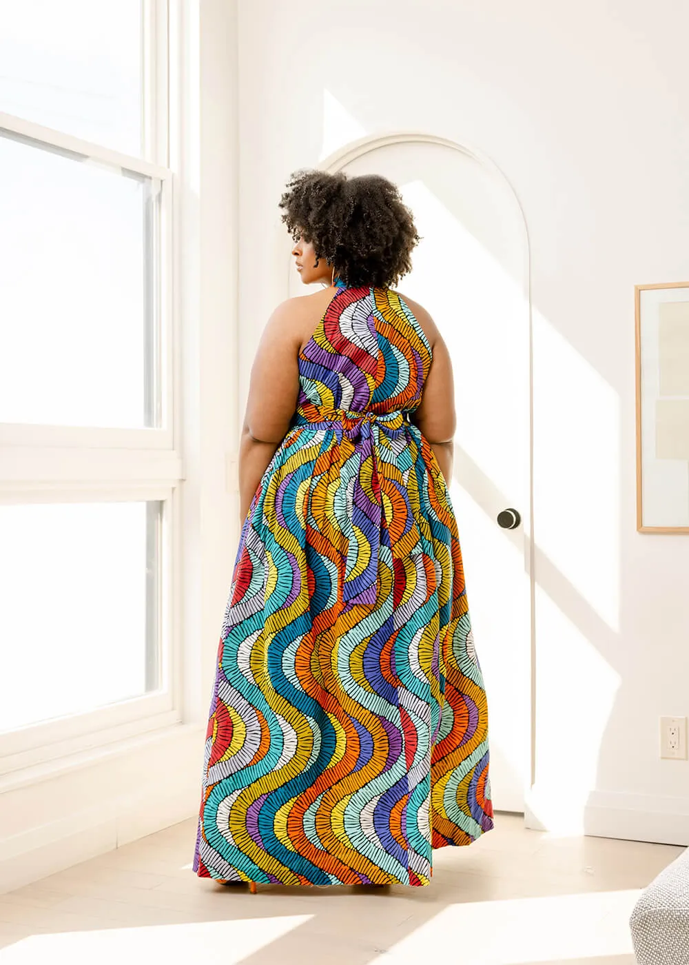 Ronke Women's African Print Maxi Dress (Abstract Lines) - Clearance
