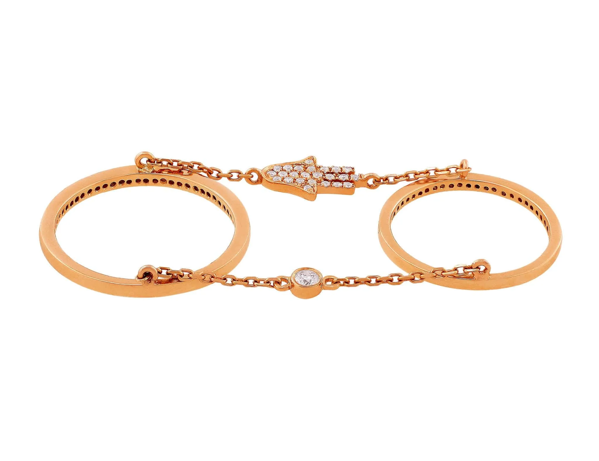 Rose Gold Diamond Hamsa Double Ring with Chain