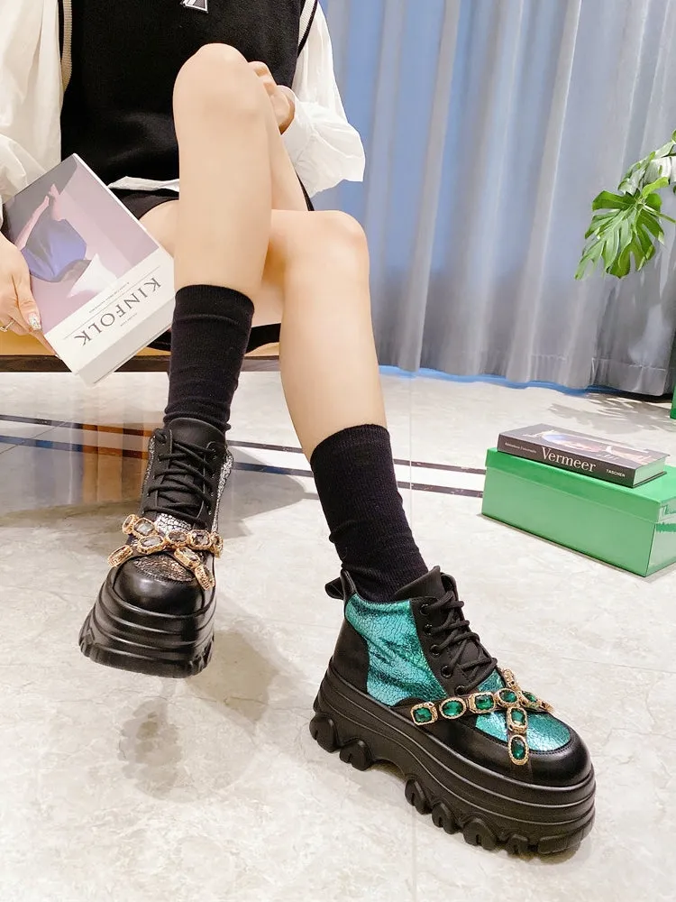 Round Head Rhinestone Metal Chain Platform Shoes Sneakers