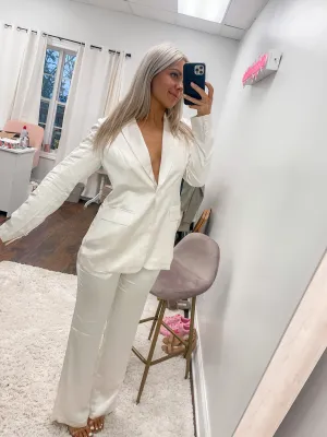Satin Wide Leg Trouser Pants- Cream
