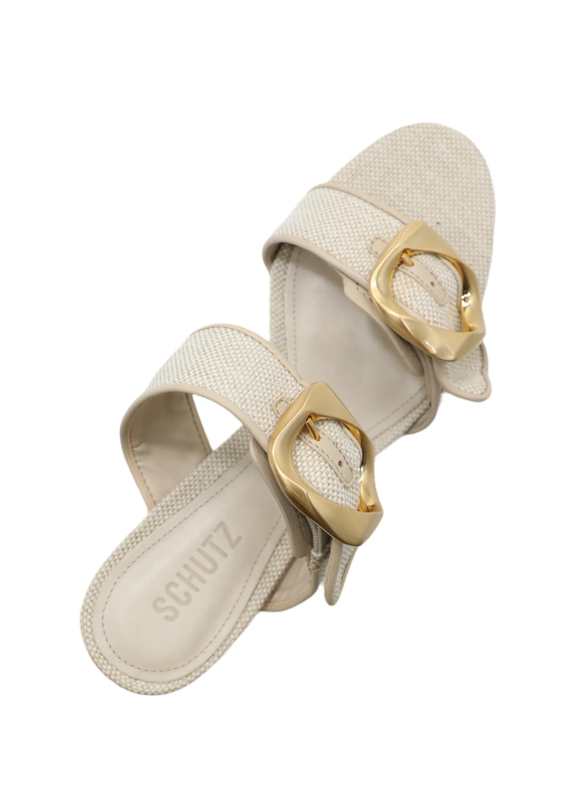 Schutz Olga Block Heel Sandal With Buckles in Beige