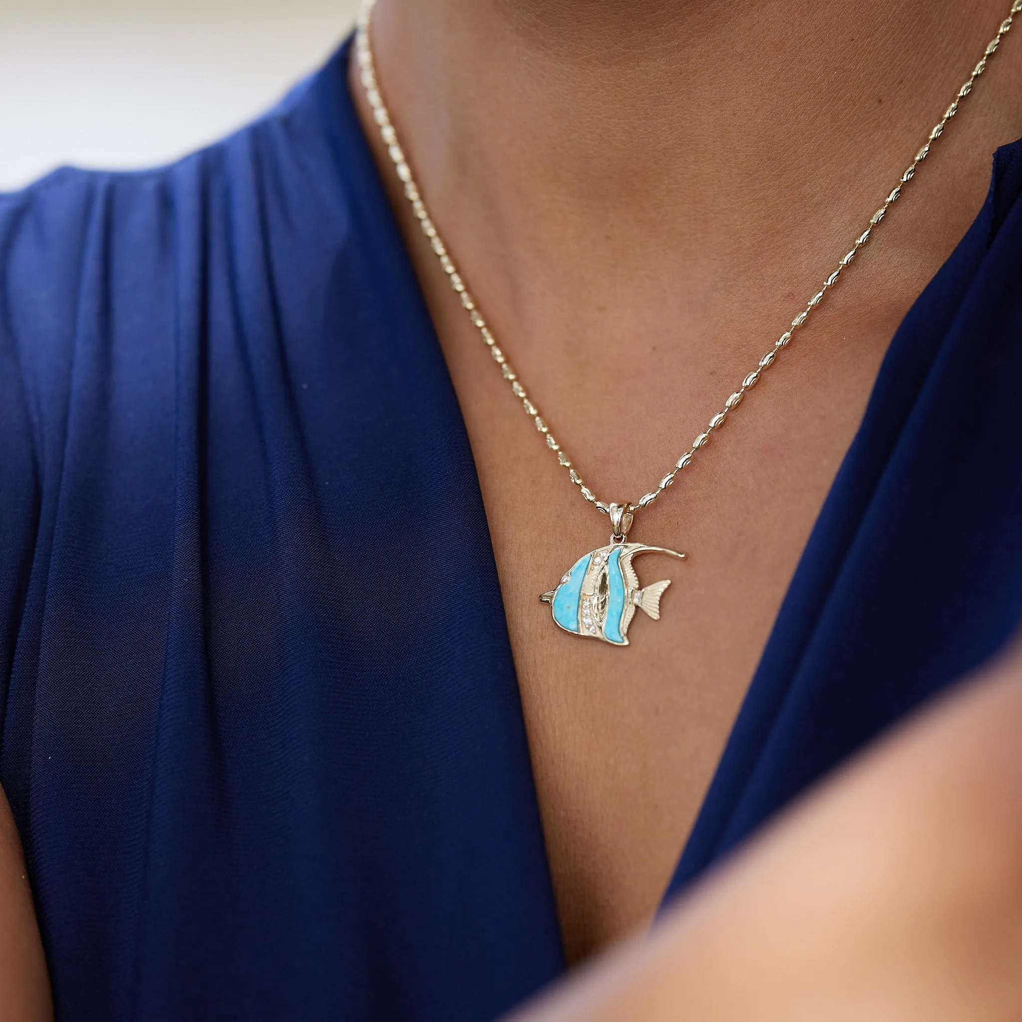 Sealife Angelfish Turquoise Pendant in Gold with Diamonds - 23mm