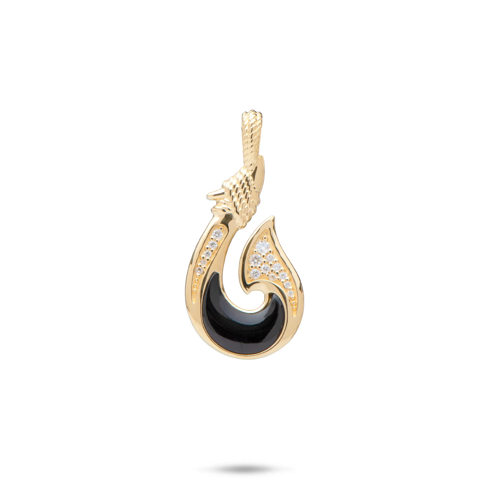Sealife Fish Hook Black Coral Pendant in Gold with Diamonds - 27mm