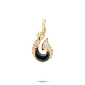 Sealife Fish Hook Black Coral Pendant in Gold with Diamonds - 27mm