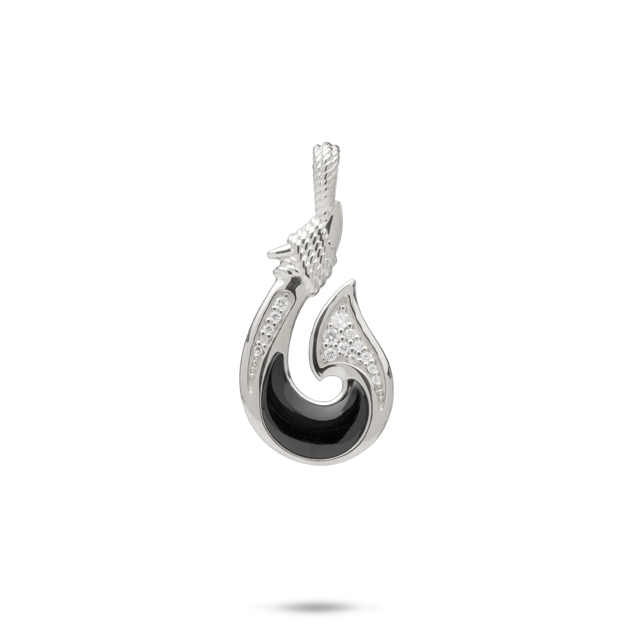 Sealife Fish Hook Black Coral Pendant in White Gold with Diamonds - 27mm
