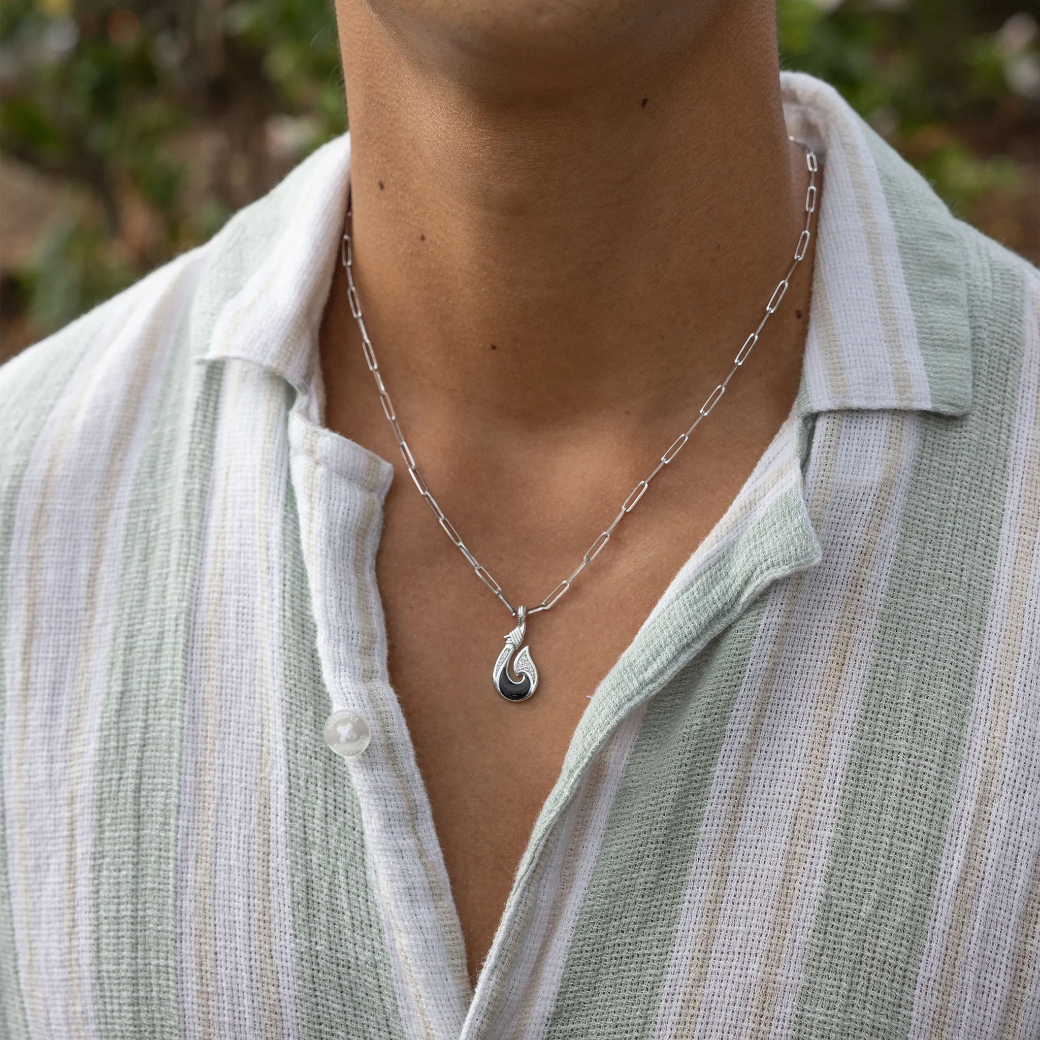 Sealife Fish Hook Black Coral Pendant in White Gold with Diamonds - 27mm