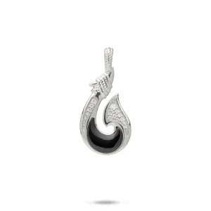 Sealife Fish Hook Black Coral Pendant in White Gold with Diamonds - 27mm