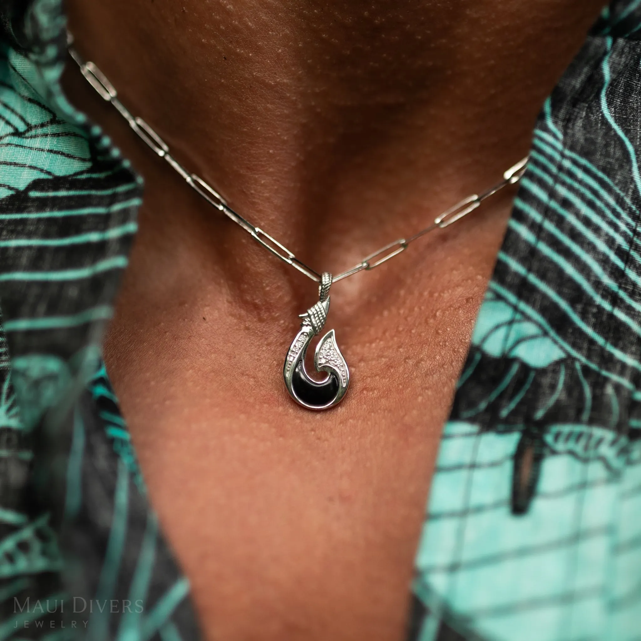 Sealife Fish Hook Black Coral Pendant in White Gold with Diamonds - 27mm