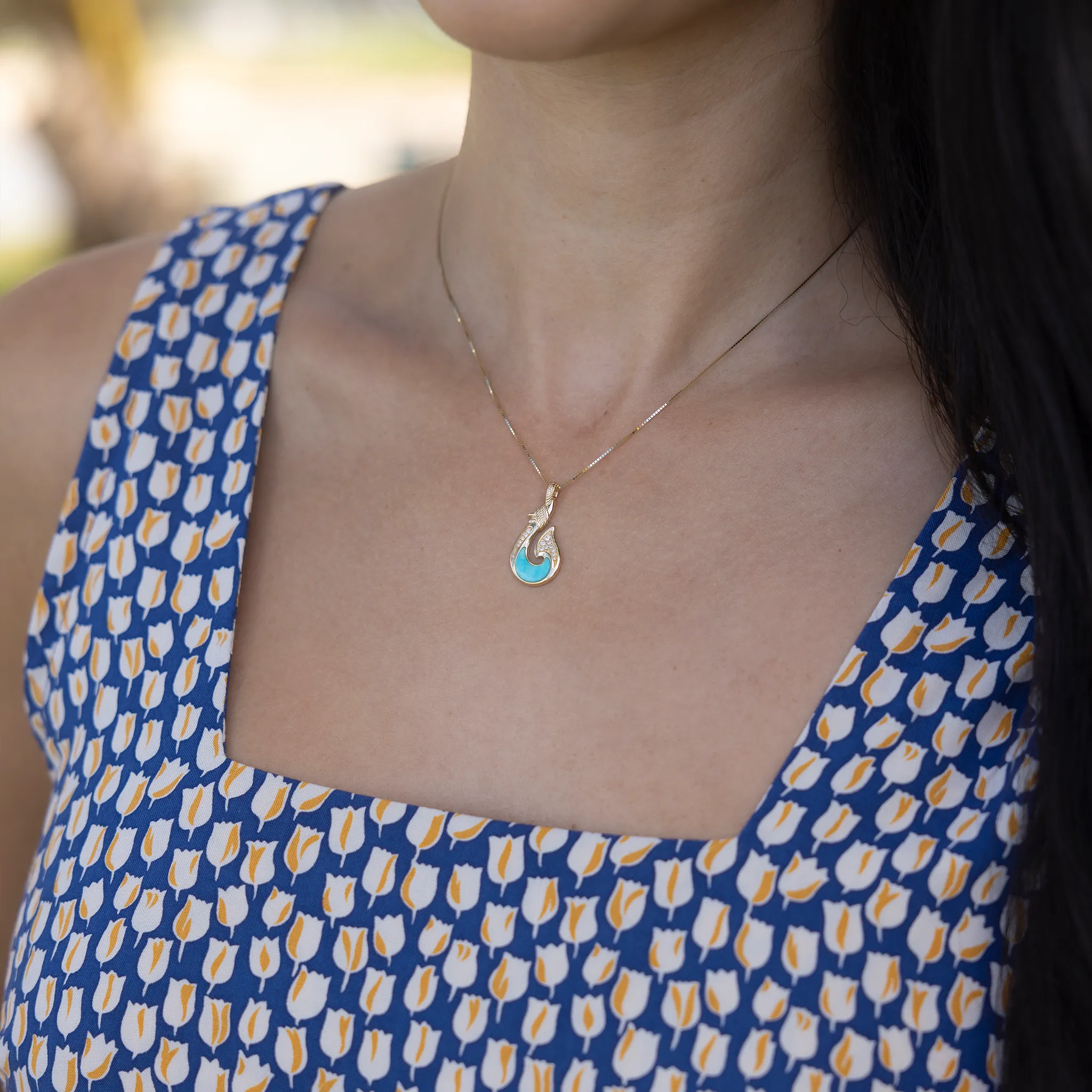 Sealife Fish Hook Turquoise Pendant in Gold with Diamonds - 27mm