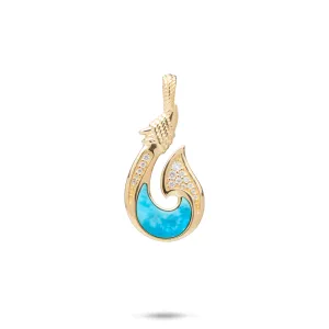 Sealife Fish Hook Turquoise Pendant in Gold with Diamonds - 27mm