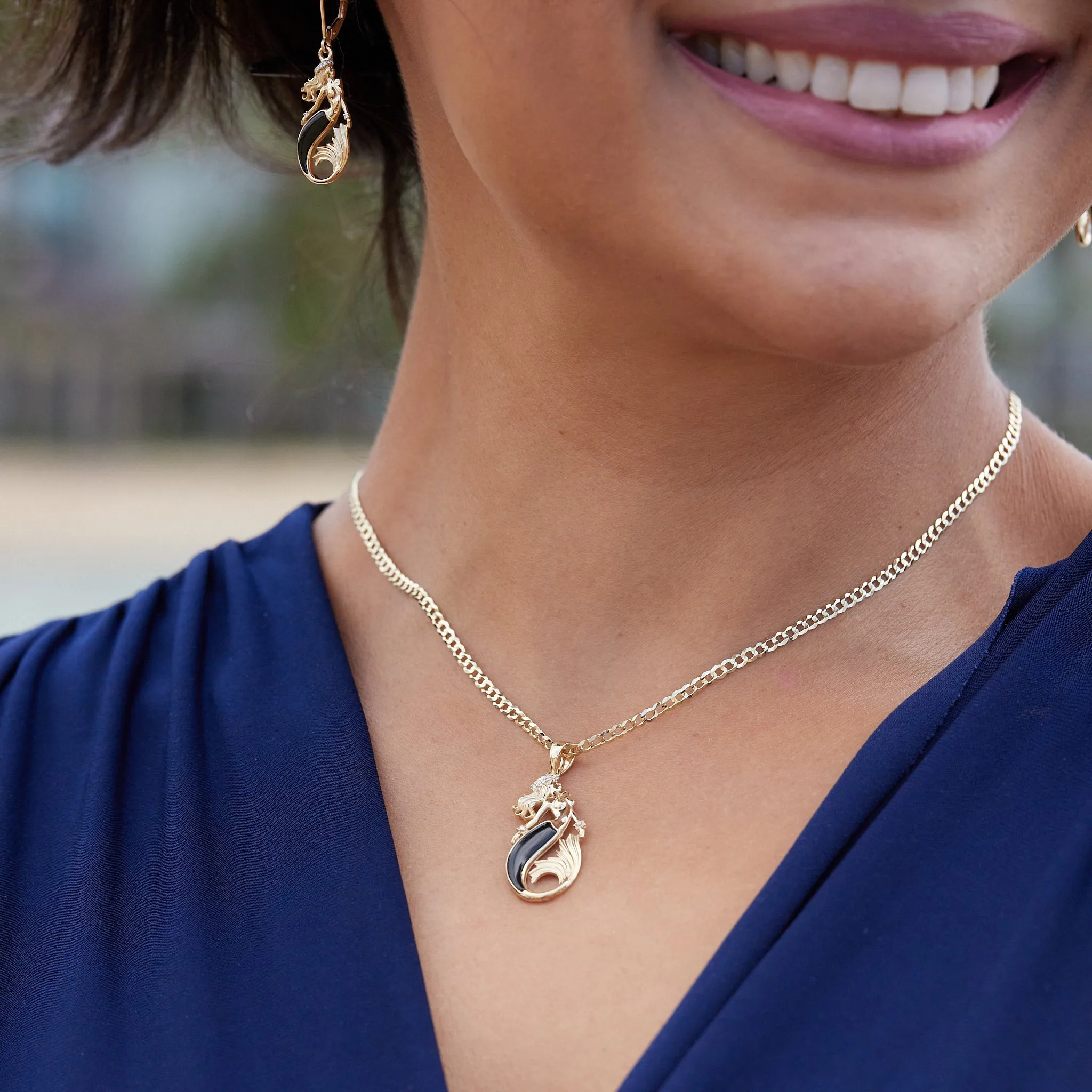 Sealife Mermaid Black Coral Pendant in Gold with Diamonds - 30mm