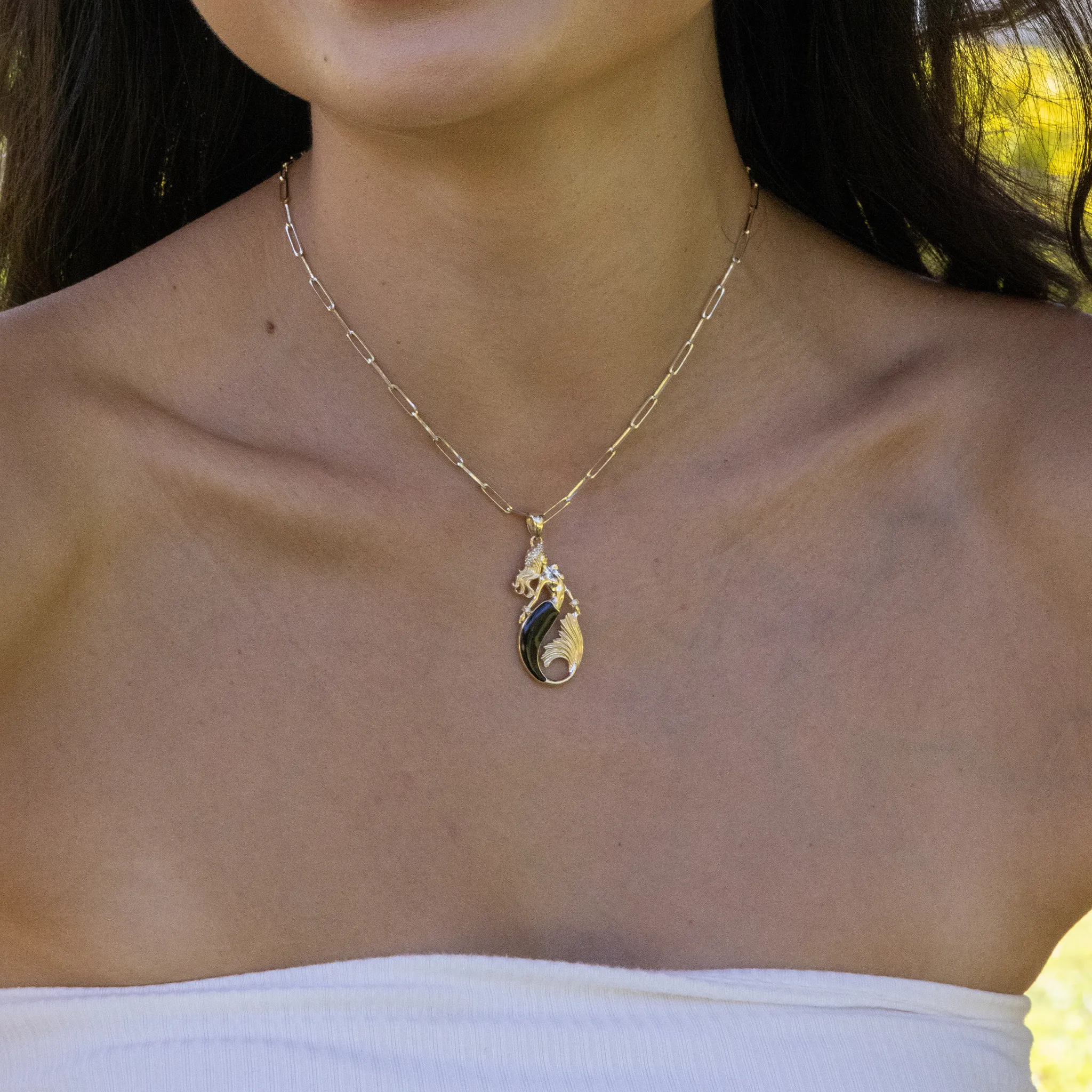 Sealife Mermaid Black Coral Pendant in Gold with Diamonds - 37mm