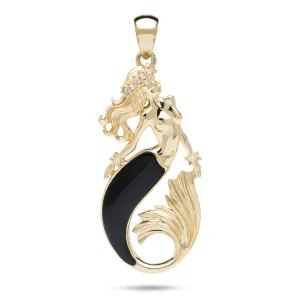 Sealife Mermaid Black Coral Pendant in Gold with Diamonds - 37mm