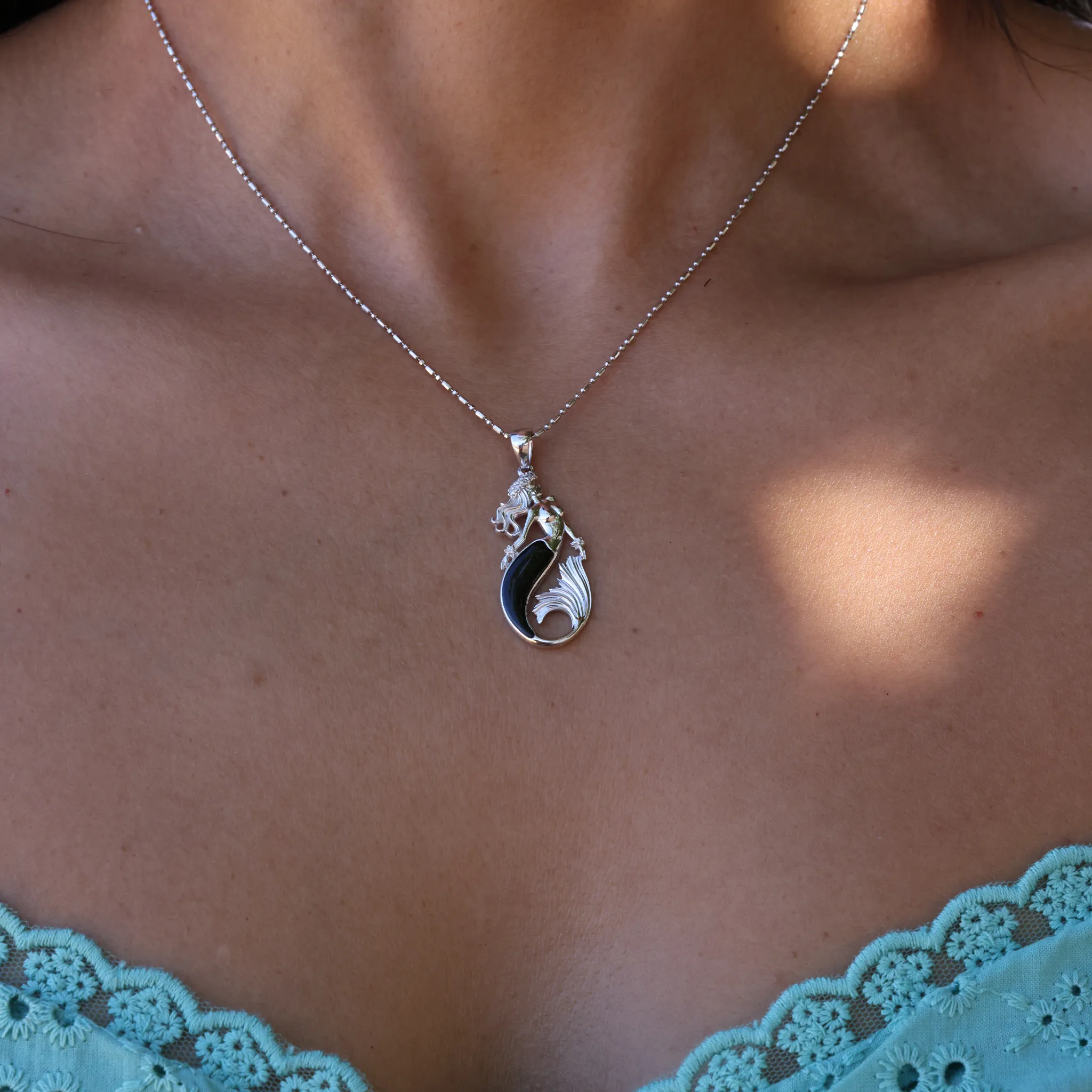 Sealife Mermaid Black Coral Pendant in White Gold with Diamonds - 30mm