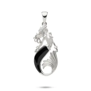 Sealife Mermaid Black Coral Pendant in White Gold with Diamonds - 30mm