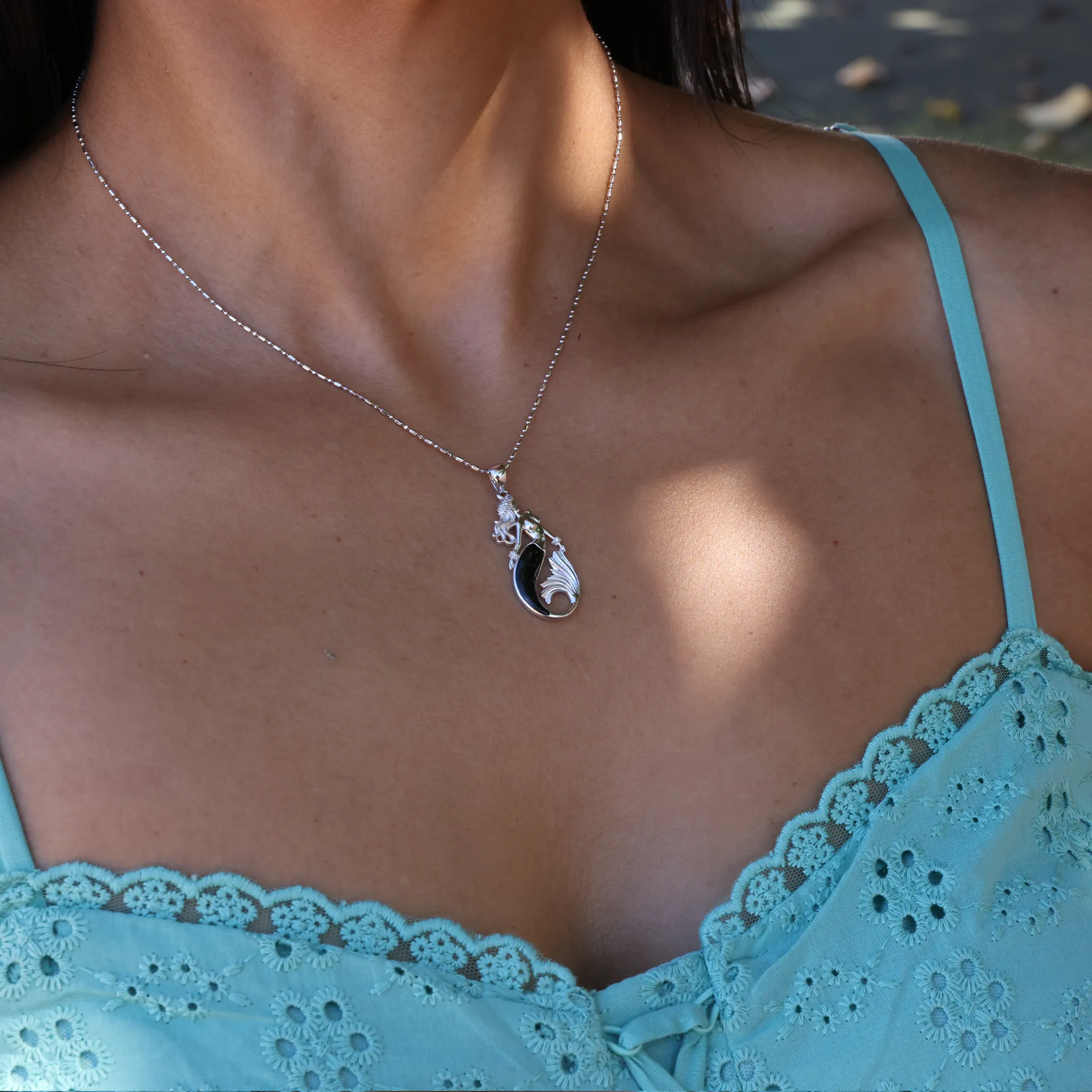 Sealife Mermaid Black Coral Pendant in White Gold with Diamonds - 30mm