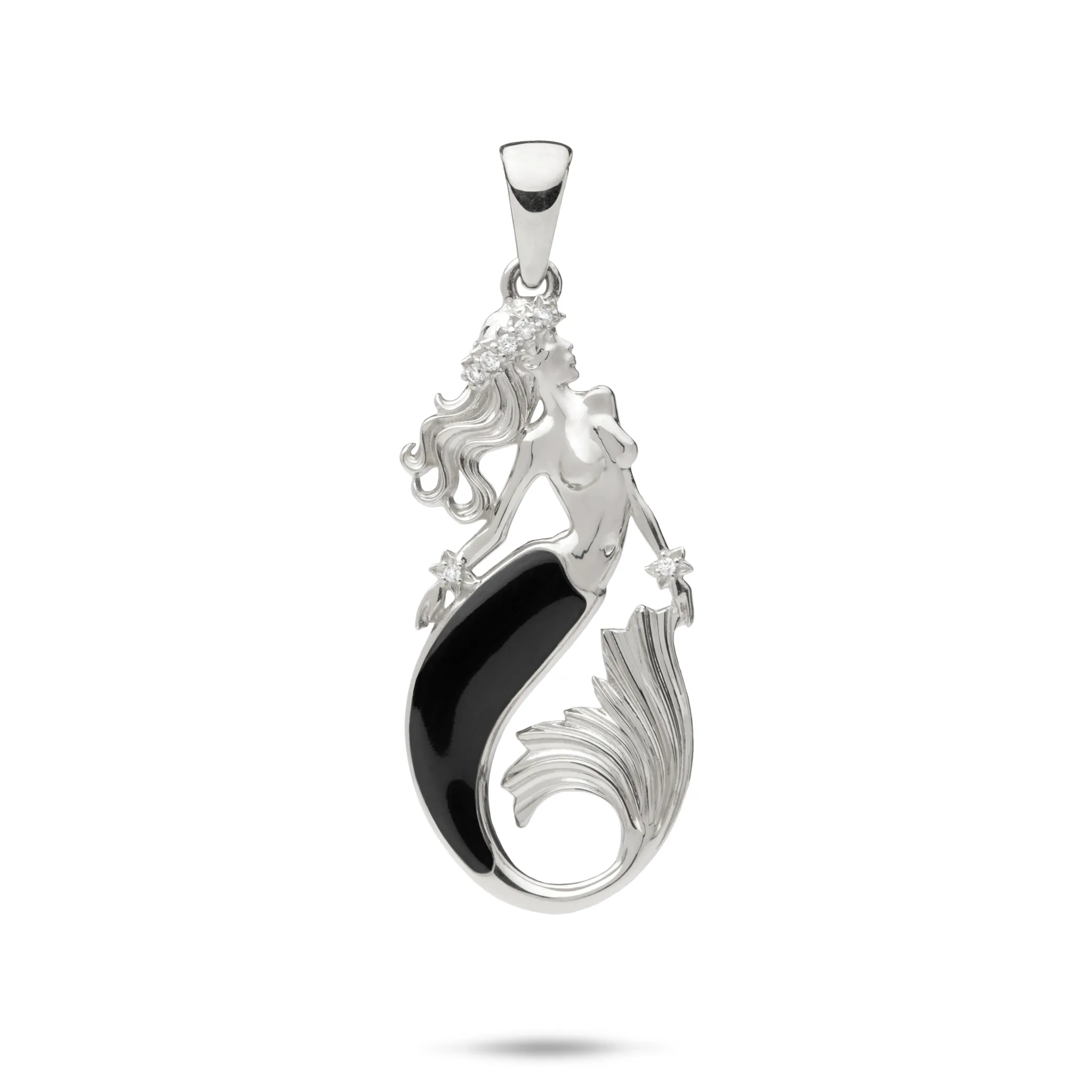Sealife Mermaid Black Coral Pendant in White Gold with Diamonds - 30mm