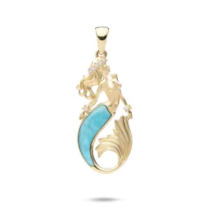 Sealife Mermaid Turquoise Pendant in Gold with Diamonds - 30mm
