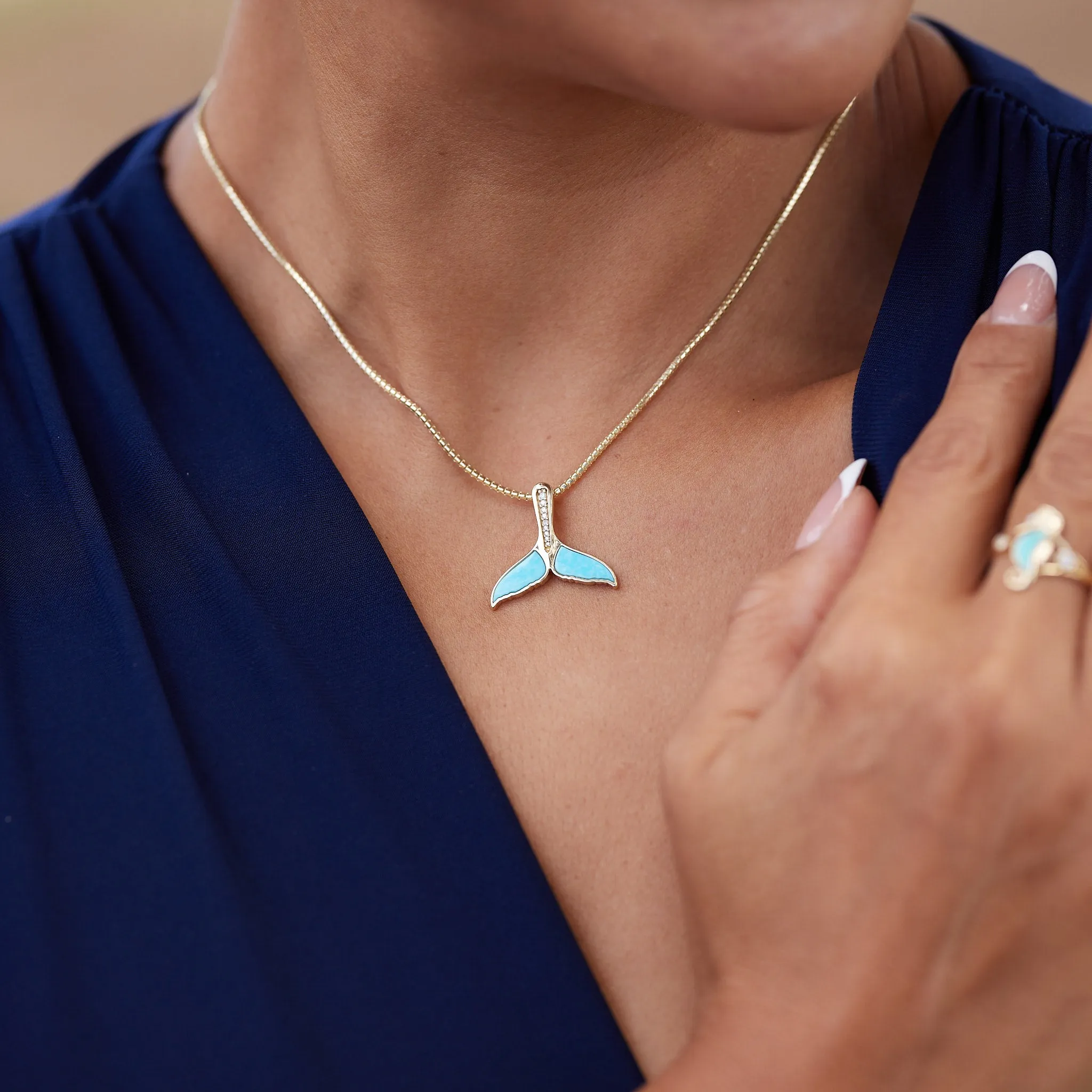 Sealife Whale Tail Turquoise Pendant in Gold with Diamonds - 22mm
