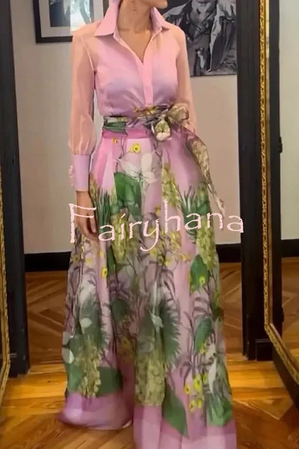 Seeds of Happiness Tulle Floral Print Elastic Waist Belt Pocketed Maxi Skirt