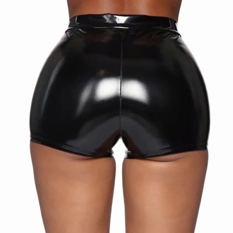 Sexy High-Waist Leather Short Pants with Shiny Shaping PVC