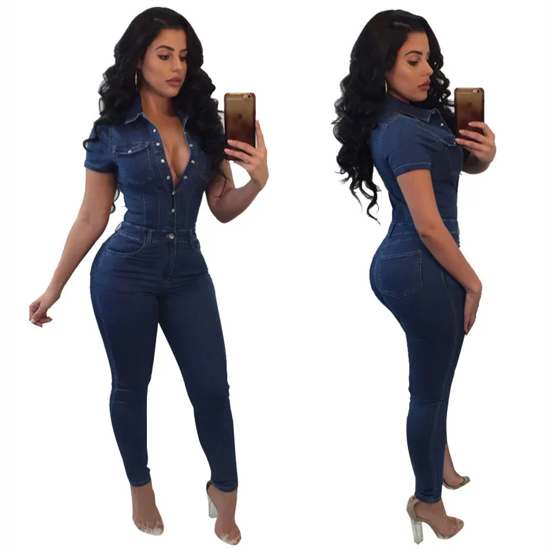 Sexy V-Neck Classic Denim Button Down Long Overalls Jumpsuit