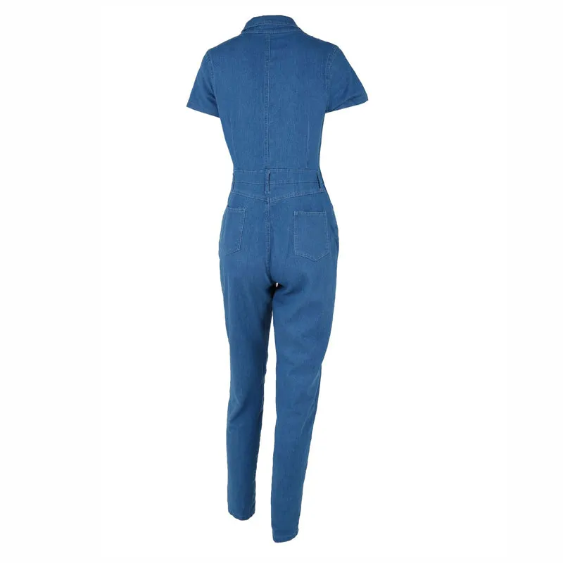 Sexy V-Neck Classic Denim Button Down Long Overalls Jumpsuit