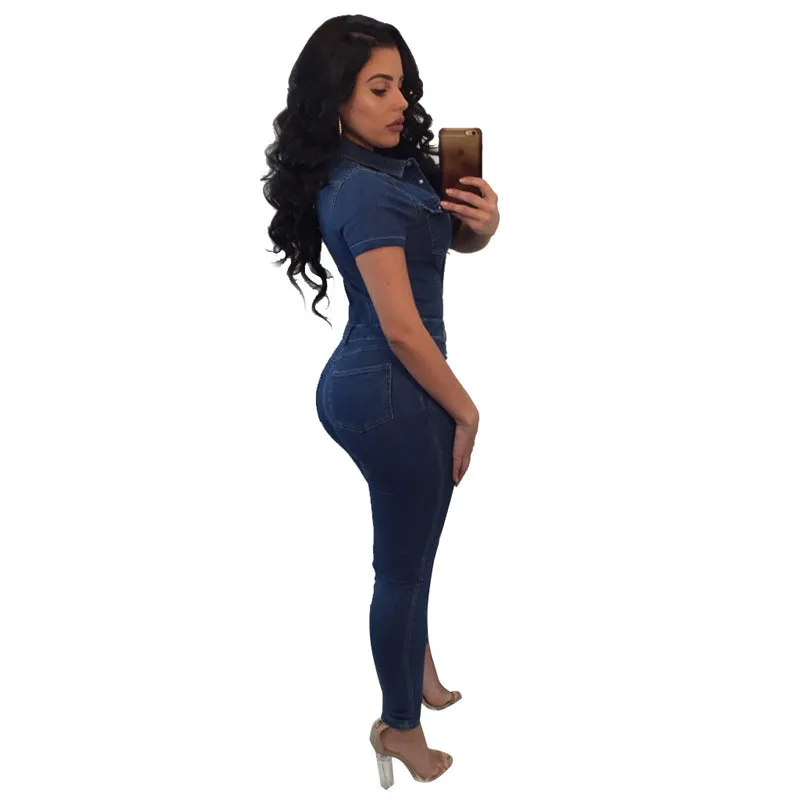 Sexy V-Neck Classic Denim Button Down Long Overalls Jumpsuit