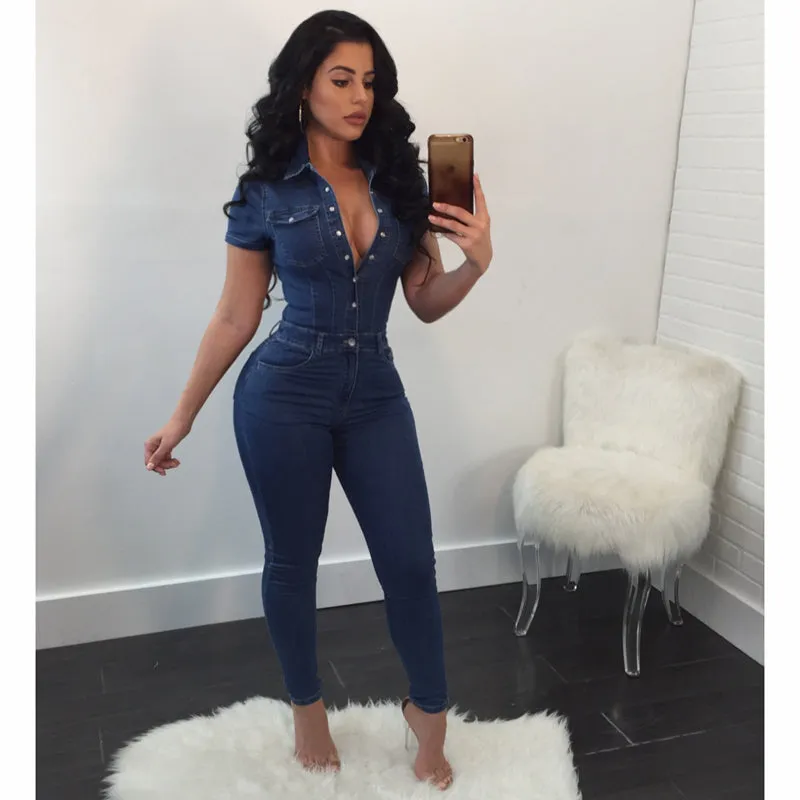 Sexy V-Neck Classic Denim Button Down Long Overalls Jumpsuit