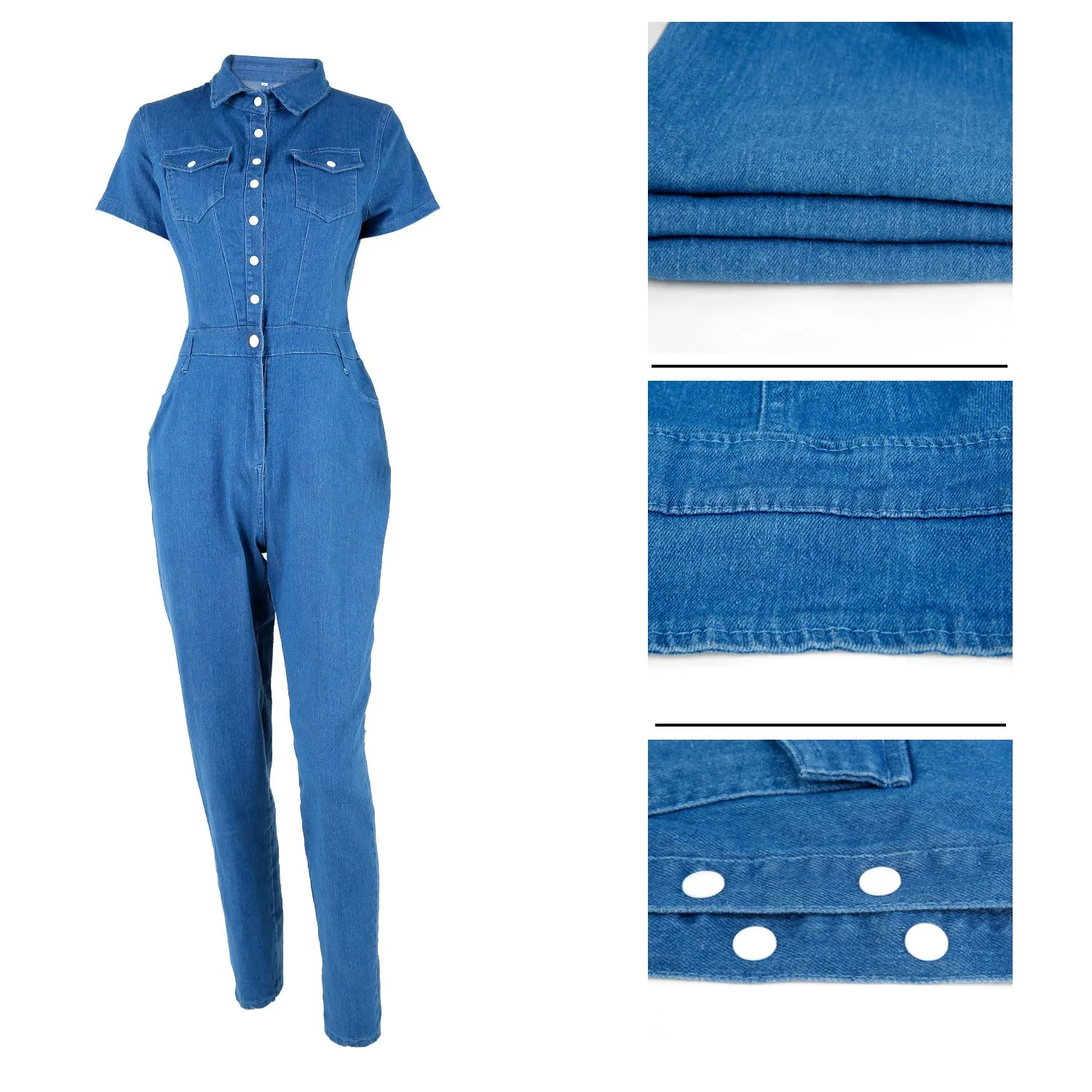 Sexy V-Neck Classic Denim Button Down Long Overalls Jumpsuit