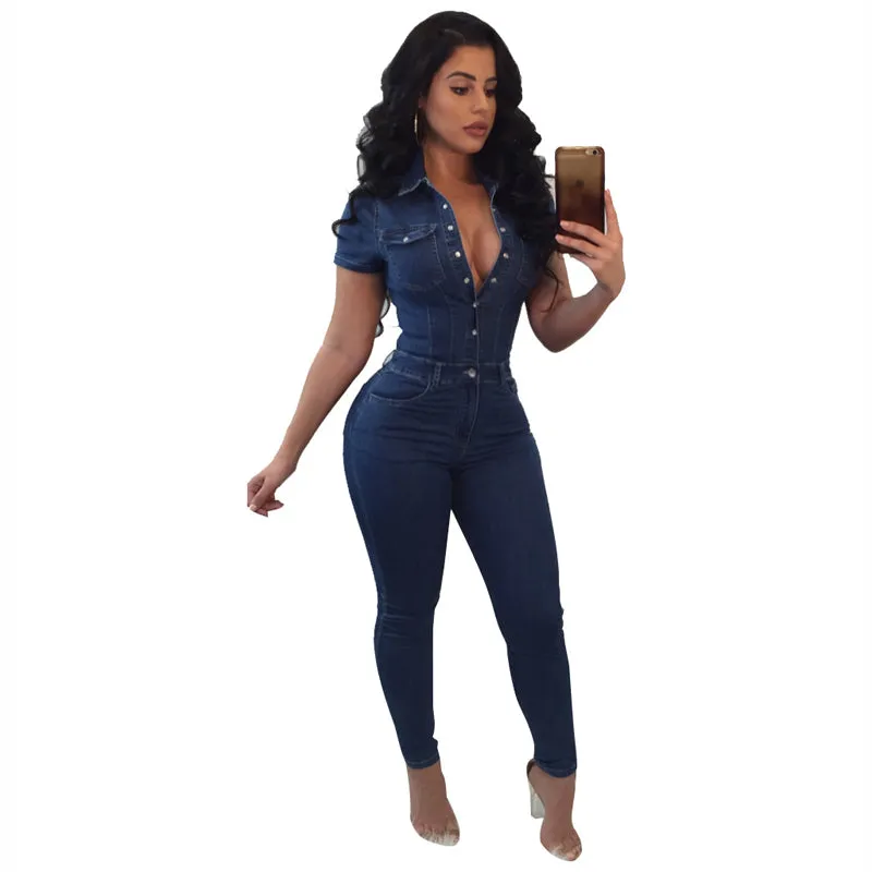 Sexy V-Neck Classic Denim Button Down Long Overalls Jumpsuit