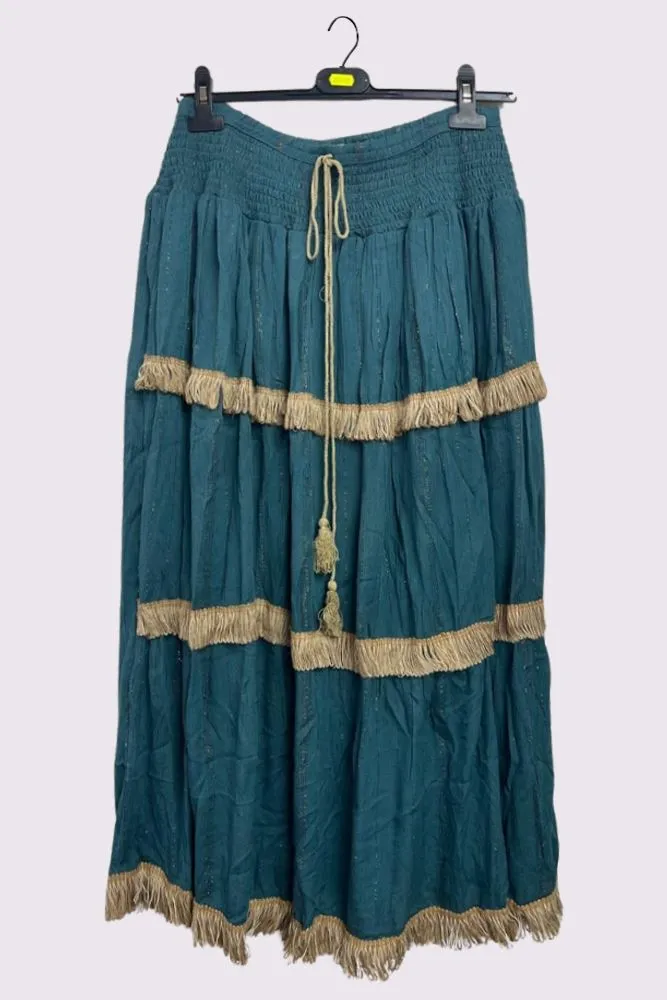 Shiny Stripe Pattern Tiered Tassel Maxi Skirt