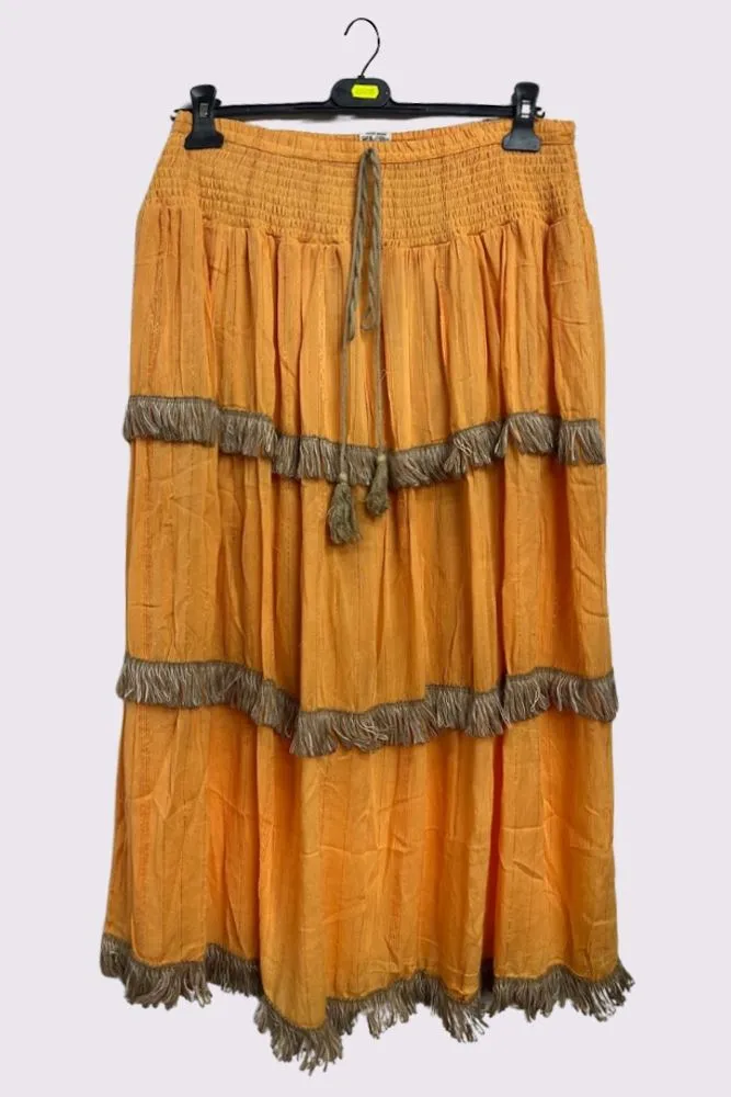 Shiny Stripe Pattern Tiered Tassel Maxi Skirt