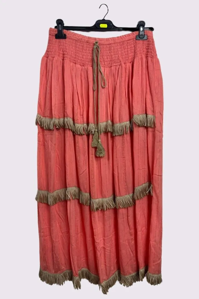 Shiny Stripe Pattern Tiered Tassel Maxi Skirt